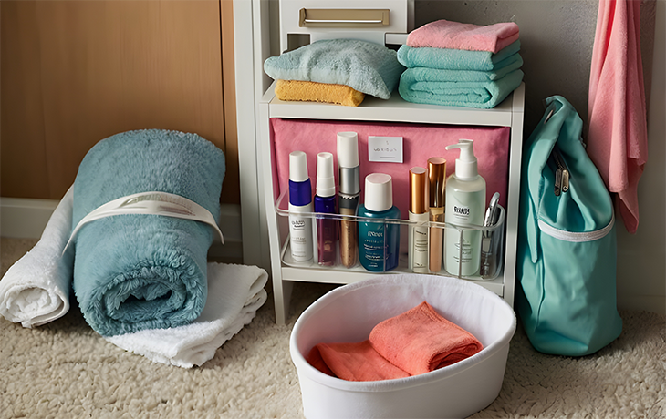 Bathroom essentials like towels and cleaning supplies including a handheld vacuum